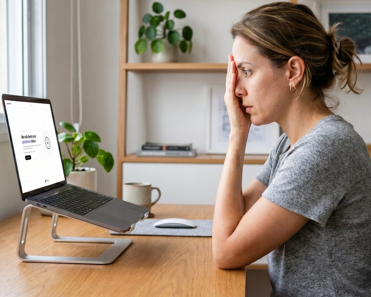 A patient at a home desk runs the Glaucosim Visual Field test on a laptop, covering one eye while the screen guides the peripheral-vision check.